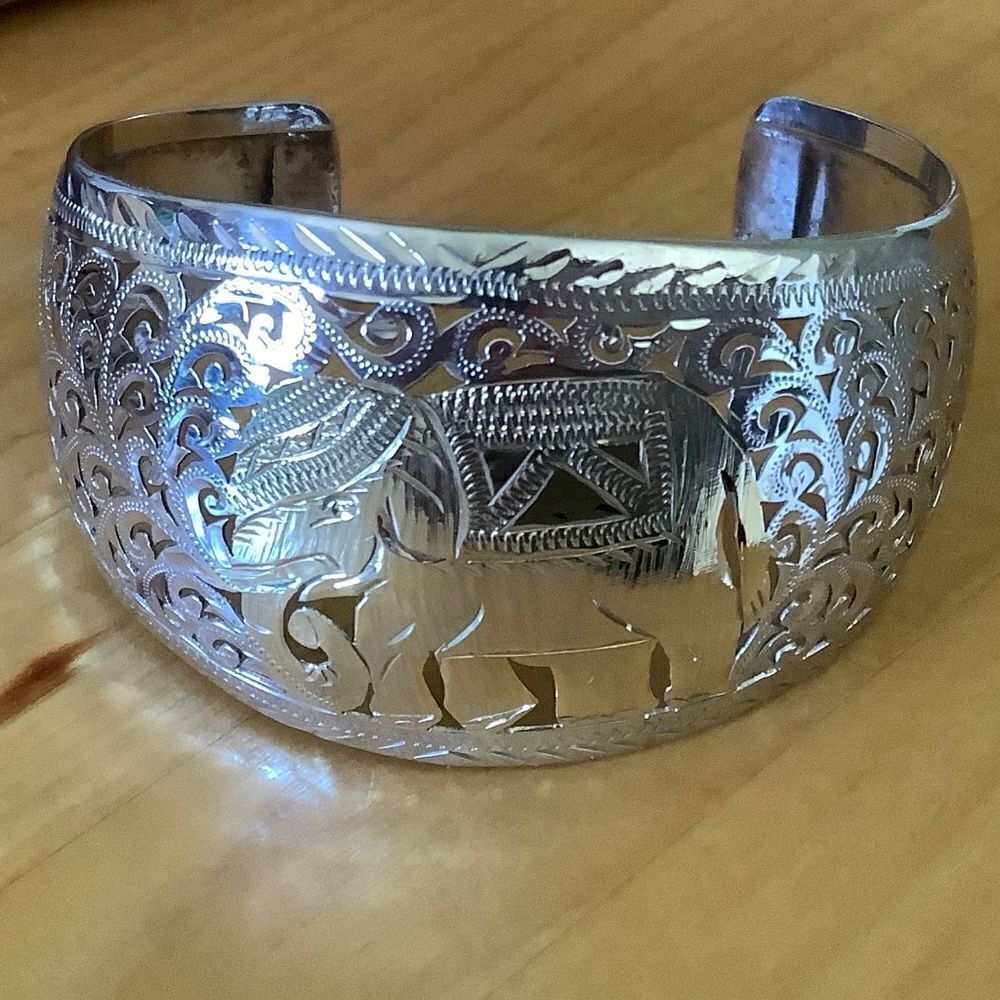 STERLING SILVER 925 GOLD PLATED ELEFANT FILIGREE WIDE LARGE BRACELET​​